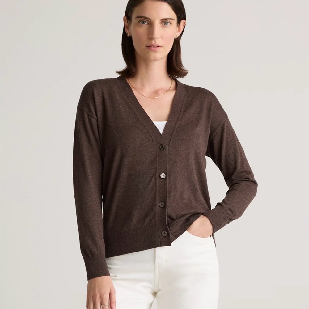 Quince Brown V-Neck Button Front Cardigan size large